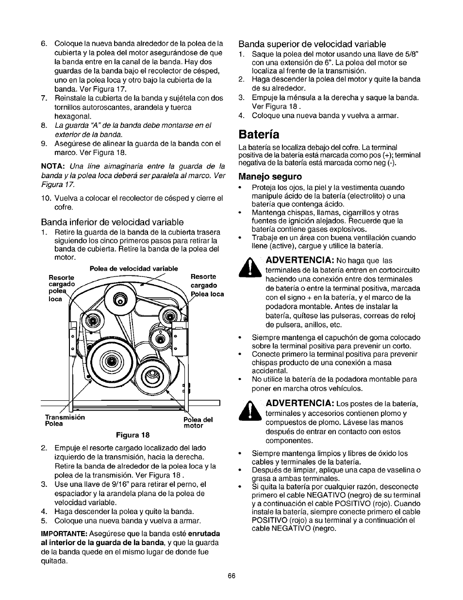 Banda inferior de velocidad variable, Banda superior de velocidad variable, Batería | Craftsman 247.27022 User Manual | Page 66 / 72