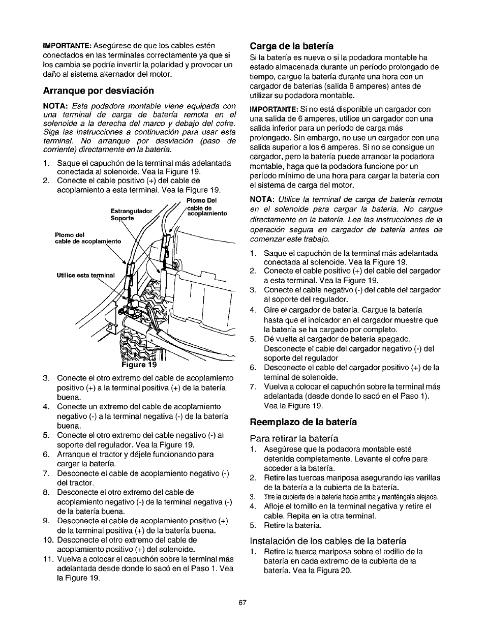 Arranque por desviación, Carga de la batería, Reemplazo de la batería | Para retirar la batería, Instalación de los cables de la batería | Craftsman 247.27022 User Manual | Page 67 / 72