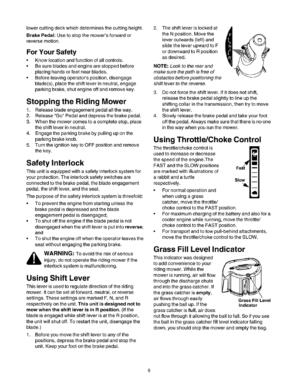 For your safety, Stopping the riding mower, Safety interiock | Using shift lever, Using throttle/choke control, Grass fill level indicator | Craftsman 247.27022 User Manual | Page 9 / 72