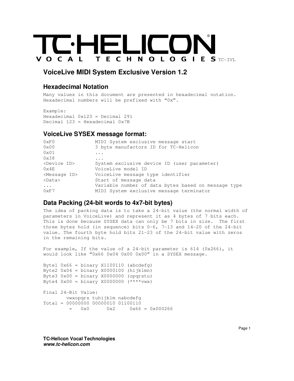 TC-Helicon VoiceLive Sysex Manual User Manual | 10 pages