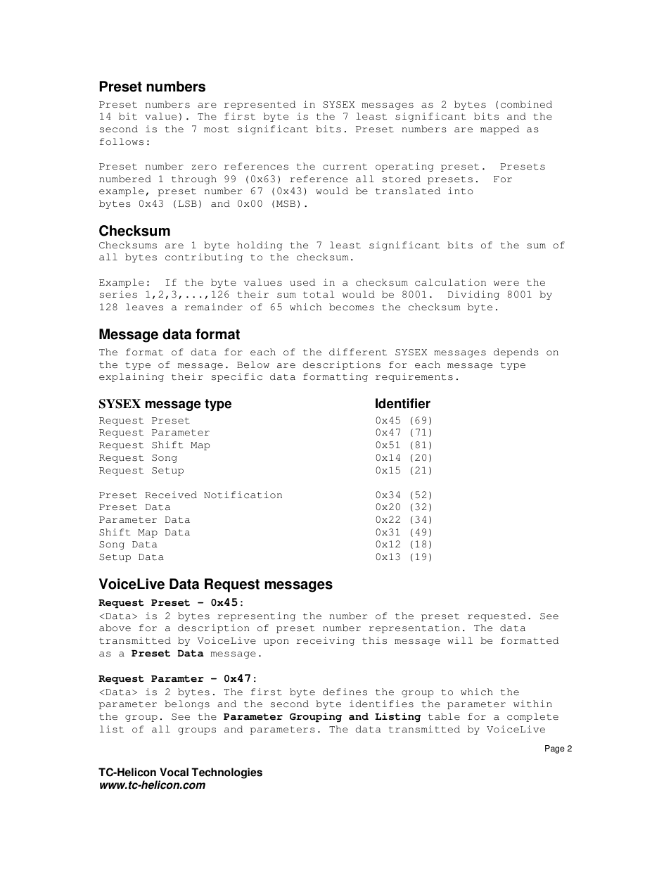 Preset numbers, Checksum, Message data format | Voicelive data request messages | TC-Helicon VoiceLive Sysex Manual User Manual | Page 2 / 10