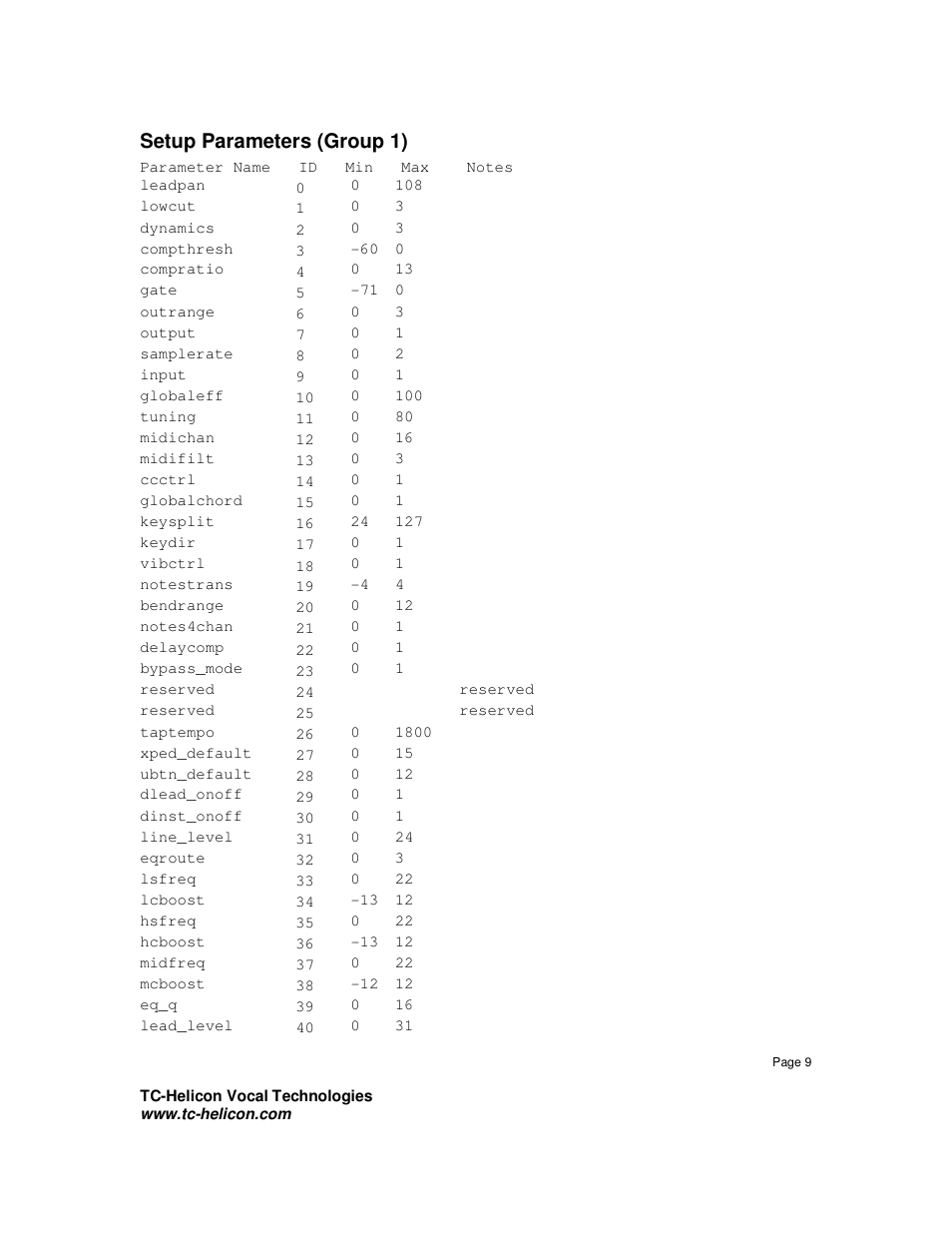 Setup parameters (group 1) | TC-Helicon VoiceLive Sysex Manual User Manual | Page 9 / 10