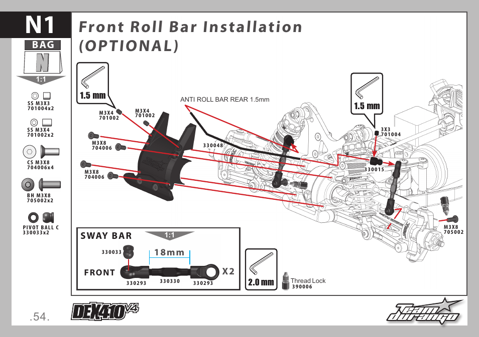Front roll bar installation (optional), 18mm x2, Sway bar | Team Durango DEX410 v4 User Manual | Page 54 / 80