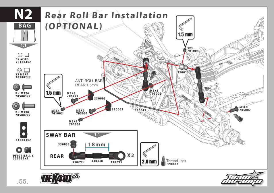 Rear roll bar installation (optional), 18mm x2 sway bar | Team Durango DEX410 v4 User Manual | Page 55 / 80