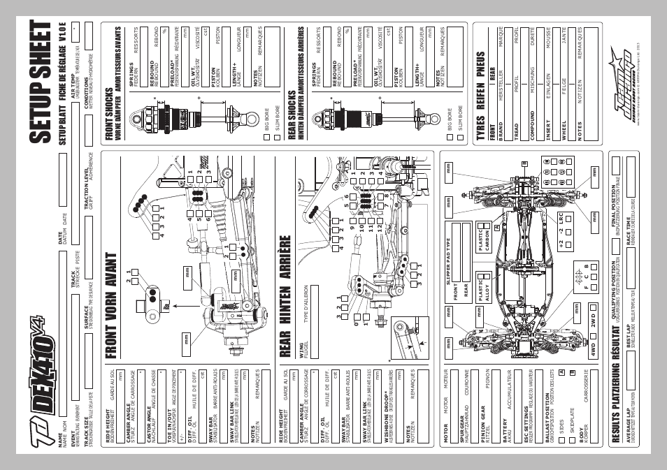 Se tu p s he et, Rear hinten arrière, Front vorn avant | Ty re s re if en pn eu s, Fr on t s ho ck s, Re ar sho ck s, Results platzierung résultat | Team Durango DEX410 v4 User Manual | Page 58 / 80