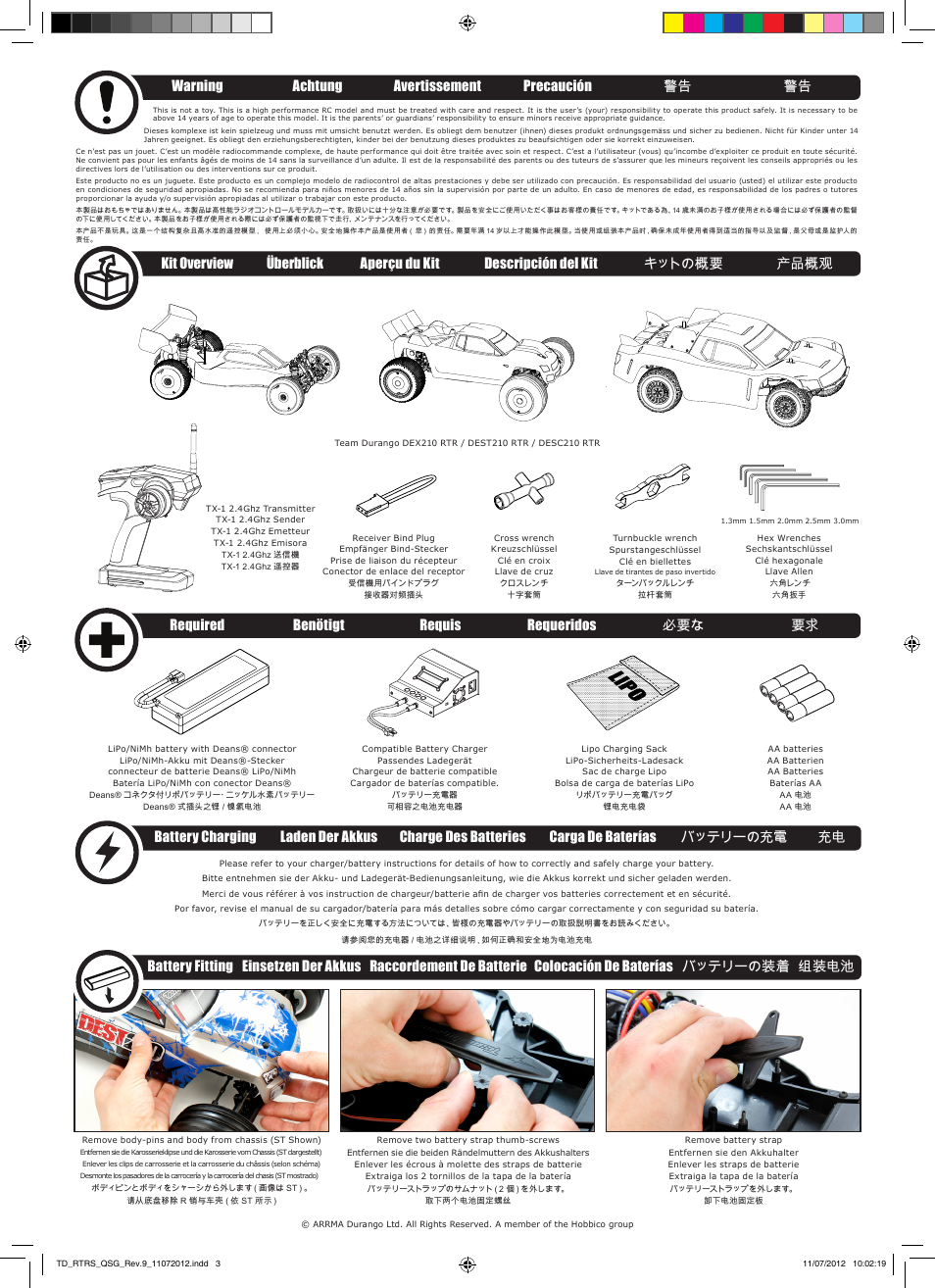 Warning achtung avertissement precaución | Team Durango DEX210 User Manual | Page 3 / 20