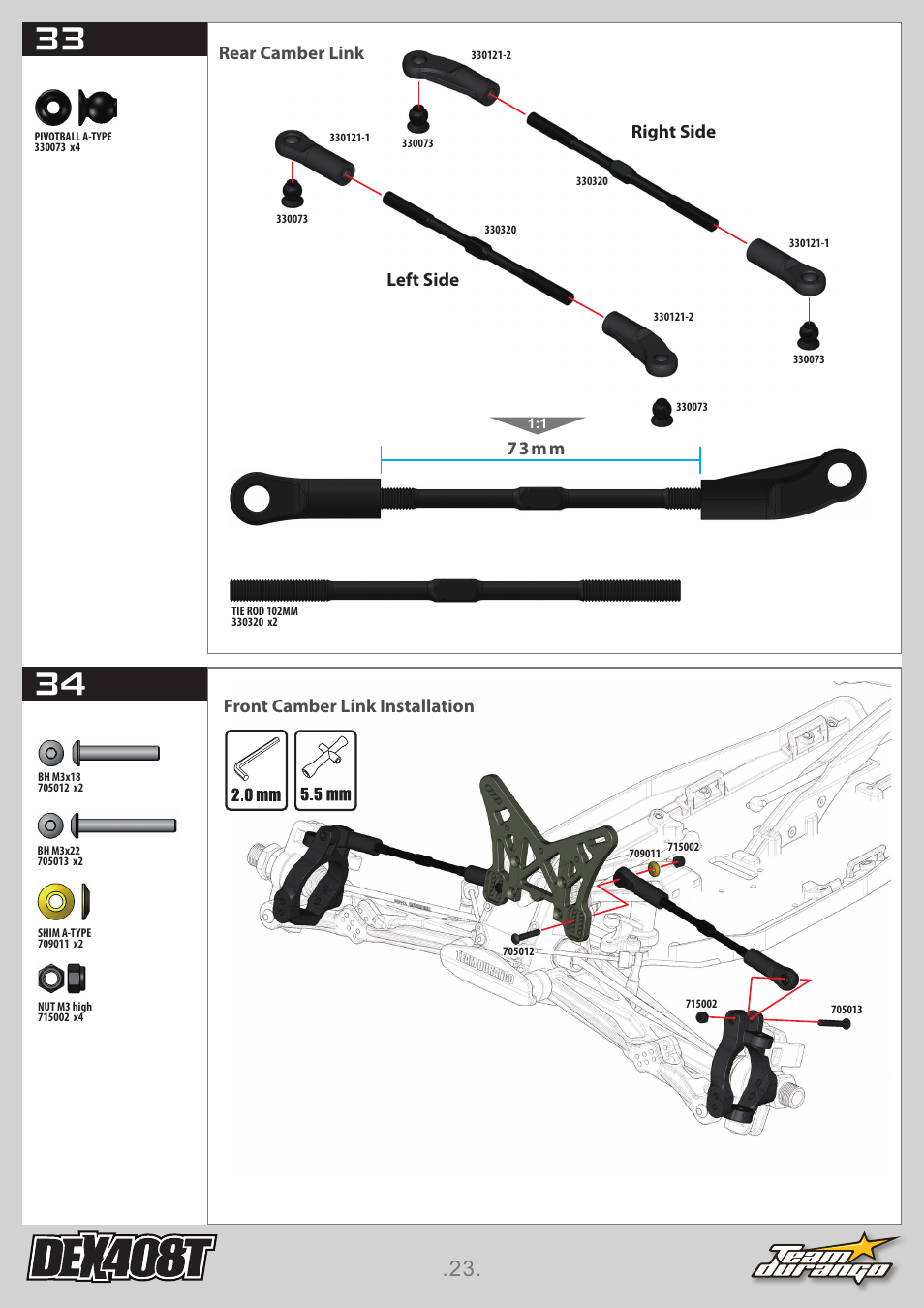 Front camber link installation, Rear camber link, Left side right side | 73mm | Team Durango DEX408T User Manual | Page 23 / 44