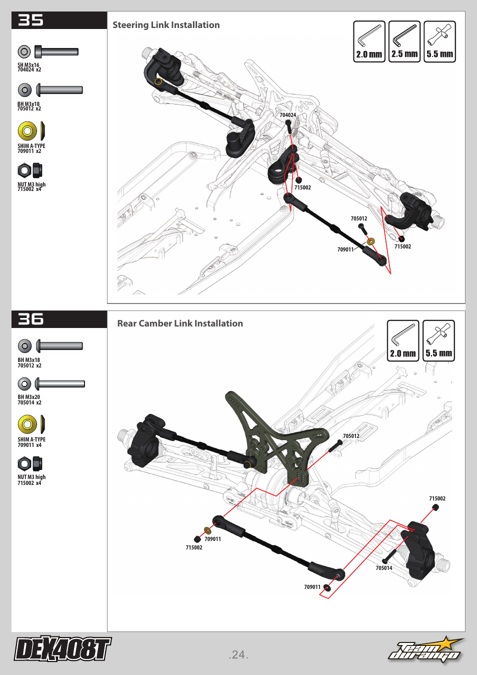 Steering link installation, Rear camber link installation | Team Durango DEX408T User Manual | Page 24 / 44
