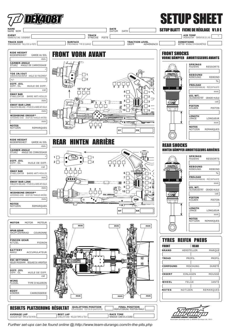 Setup sheet, Rear hinten arrière, Front vorn avant | Tyres reifen pneus, Front shocks, Rear shocks, Results platzierung résultat, Setup blatt fiche de réglage v1.0 e | Team Durango DEX408T User Manual | Page 36 / 44
