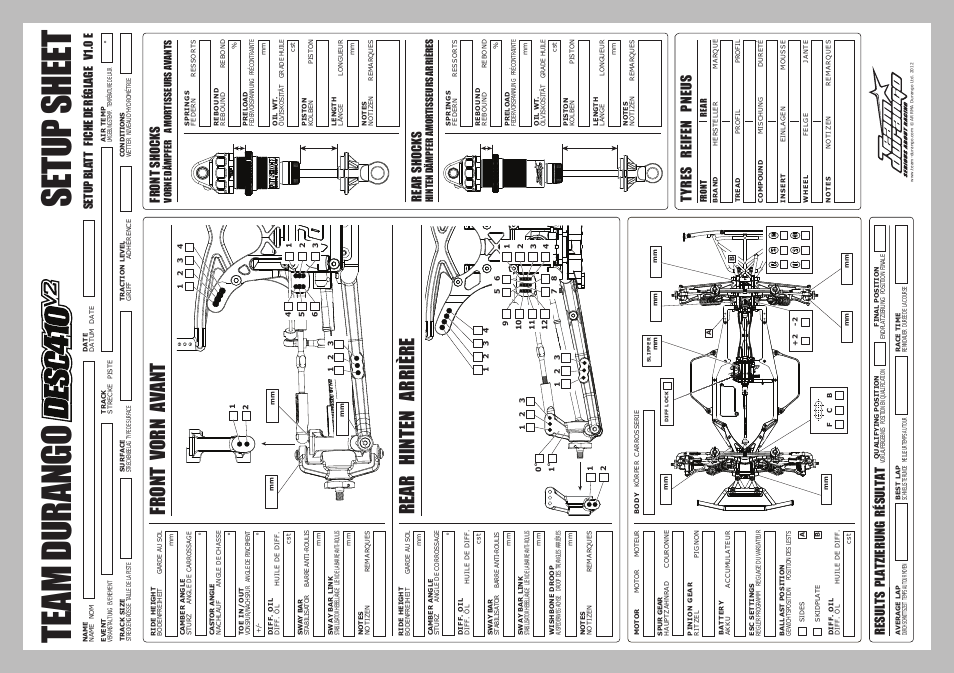 Te am du ra ngo se tu p sh ee t, Rear hinten arrière, Front vorn avant | Tyr es reifen pn eus, Fro nt s ho ck s, Re ar shocks, Results platzierung résultat, Se tup b lat t fic he d e ré gl ag e v 1.0 e | Team Durango DESC410R v2 User Manual | Page 64 / 84