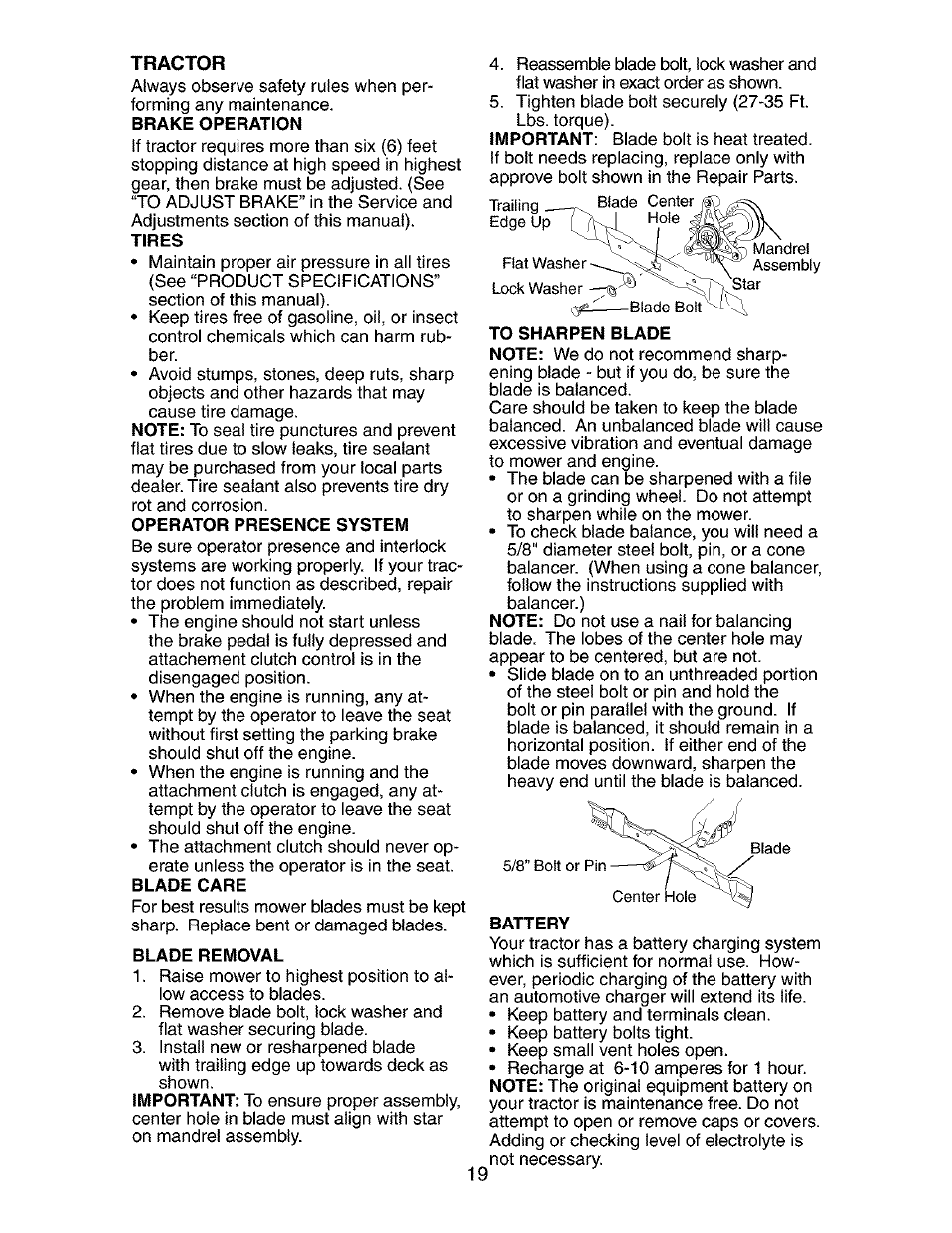 Operator presence system, Blade care, Blade removal | Battery | Craftsman 917.273840 User Manual | Page 19 / 60