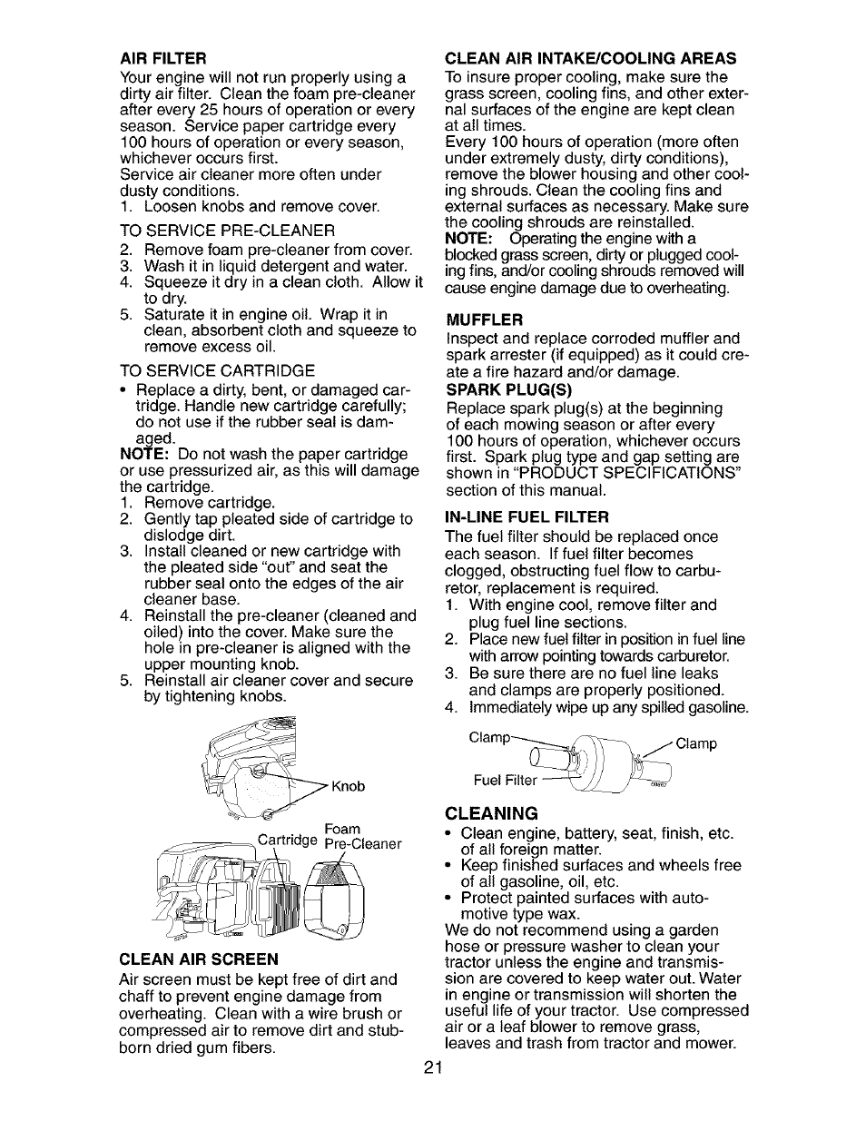 Clean air screen, Clean air intake/cooling areas, Muffler | Spark plug(s), In-line fuel filter | Craftsman 917.273840 User Manual | Page 21 / 60