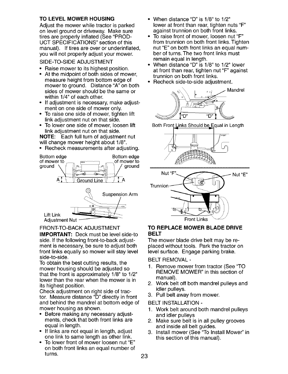 To level fviower housing, To replace mower blade drive belt | Craftsman 917.273840 User Manual | Page 23 / 60
