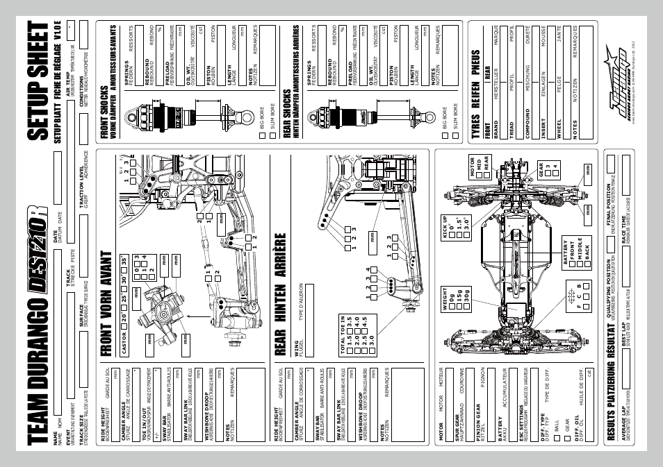 Rear hinten arrière, Front vorn avant, Tyr es reifen pn eus | Fro nt s ho ck s, Re ar shocks, Results platzierung résultat, Se tup b lat t fic he d e ré gl ag e v 1.0 e | Team Durango DESC210R User Manual | Page 60 / 80