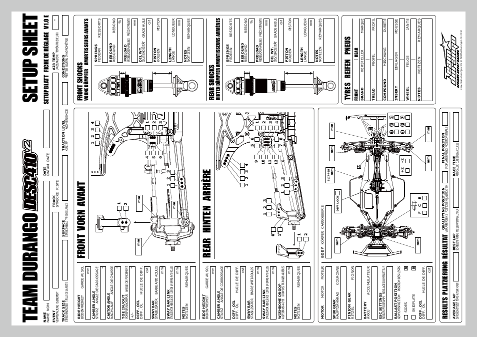 Te am du ra ngo se tu p sh ee t, Rear hinten arrière, Front vorn avant | Tyr es reifen pn eus, Fro nt s ho ck s, Re ar shocks, Results platzierung résultat, Se tup b lat t fic he d e ré gl ag e v 1.0 e | Team Durango DESC410 v2 User Manual | Page 79 / 86
