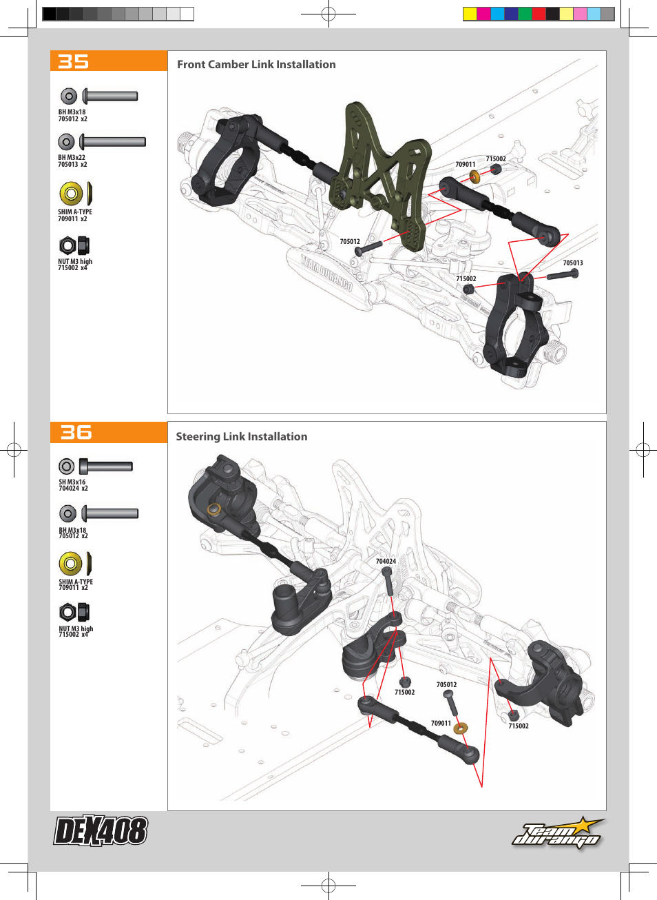Front camber link installation, Steering link installation | Team Durango DEX408 User Manual | Page 23 / 44