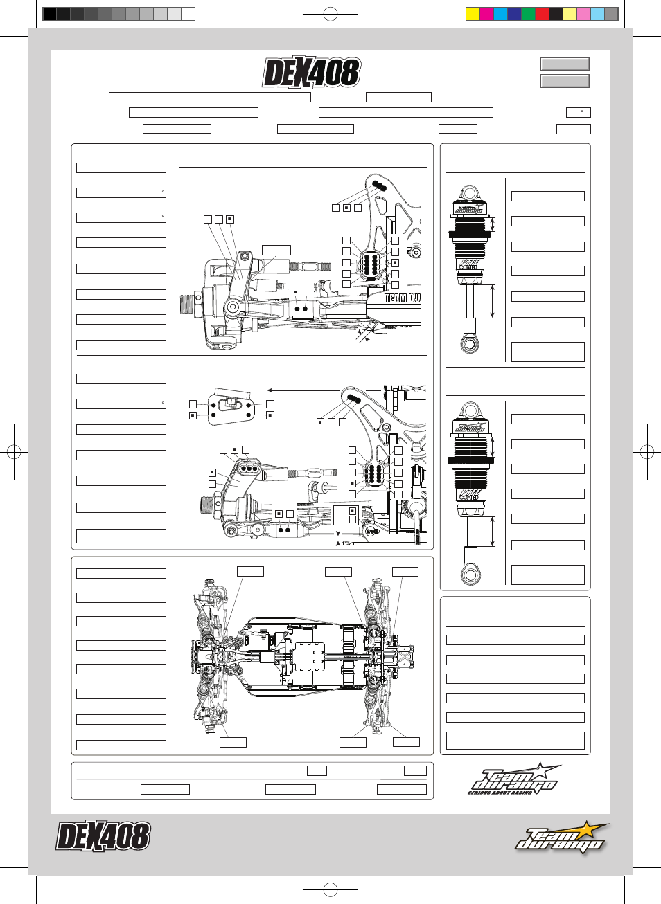 Team durango, Setup sheet, Rear hinten arrière | Front vorn avant, Tyres reifen pneus, Front shocks, Rear shocks, Results platzierung résultat, Setup blatt fiche de réglage v1.0 e | Team Durango DEX408 User Manual | Page 33 / 44