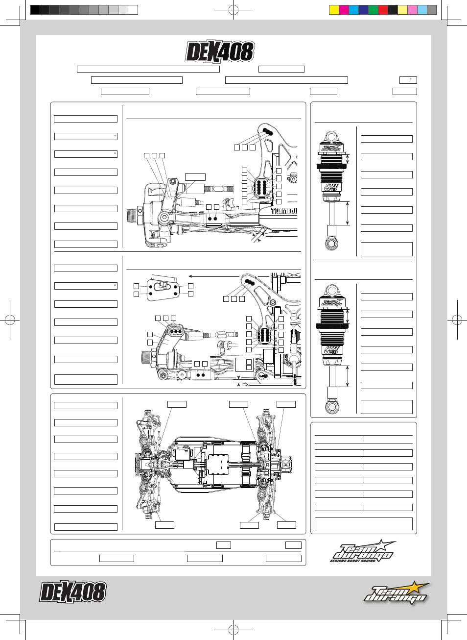 Team durango setup sheet, Rear hinten arrière, Front vorn avant | Tyres reifen pneus, Front shocks, Rear shocks, Results platzierung résultat, Setup blatt fiche de réglage v1.0 e | Team Durango DEX408 User Manual | Page 34 / 44