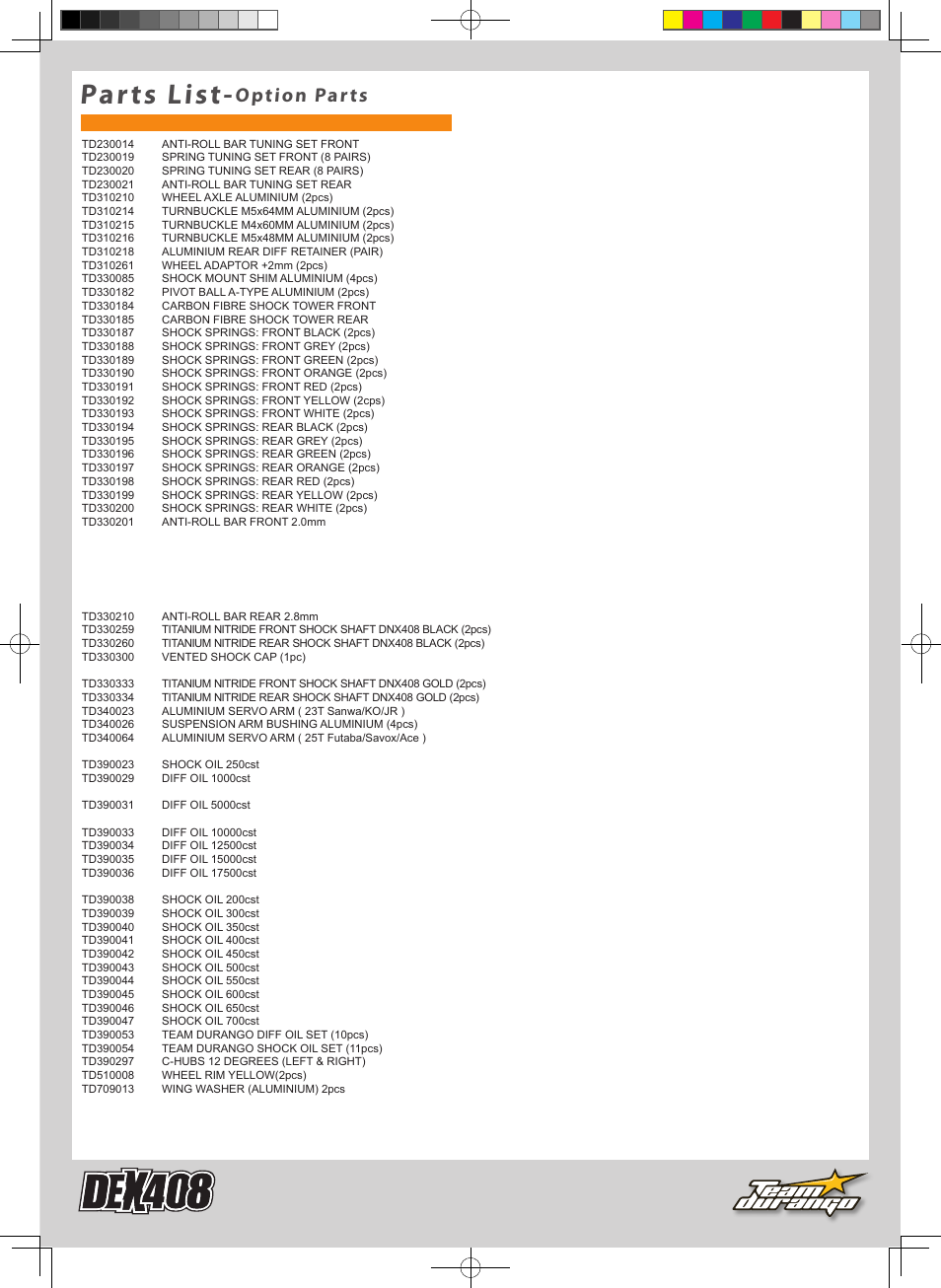 Parts list, Option parts | Team Durango DEX408 User Manual | Page 39 / 44