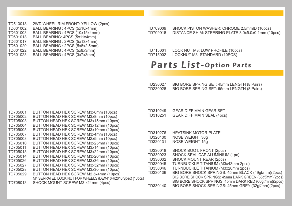 Parts list, Option parts | Team Durango DEX210 User Manual | Page 69 / 72