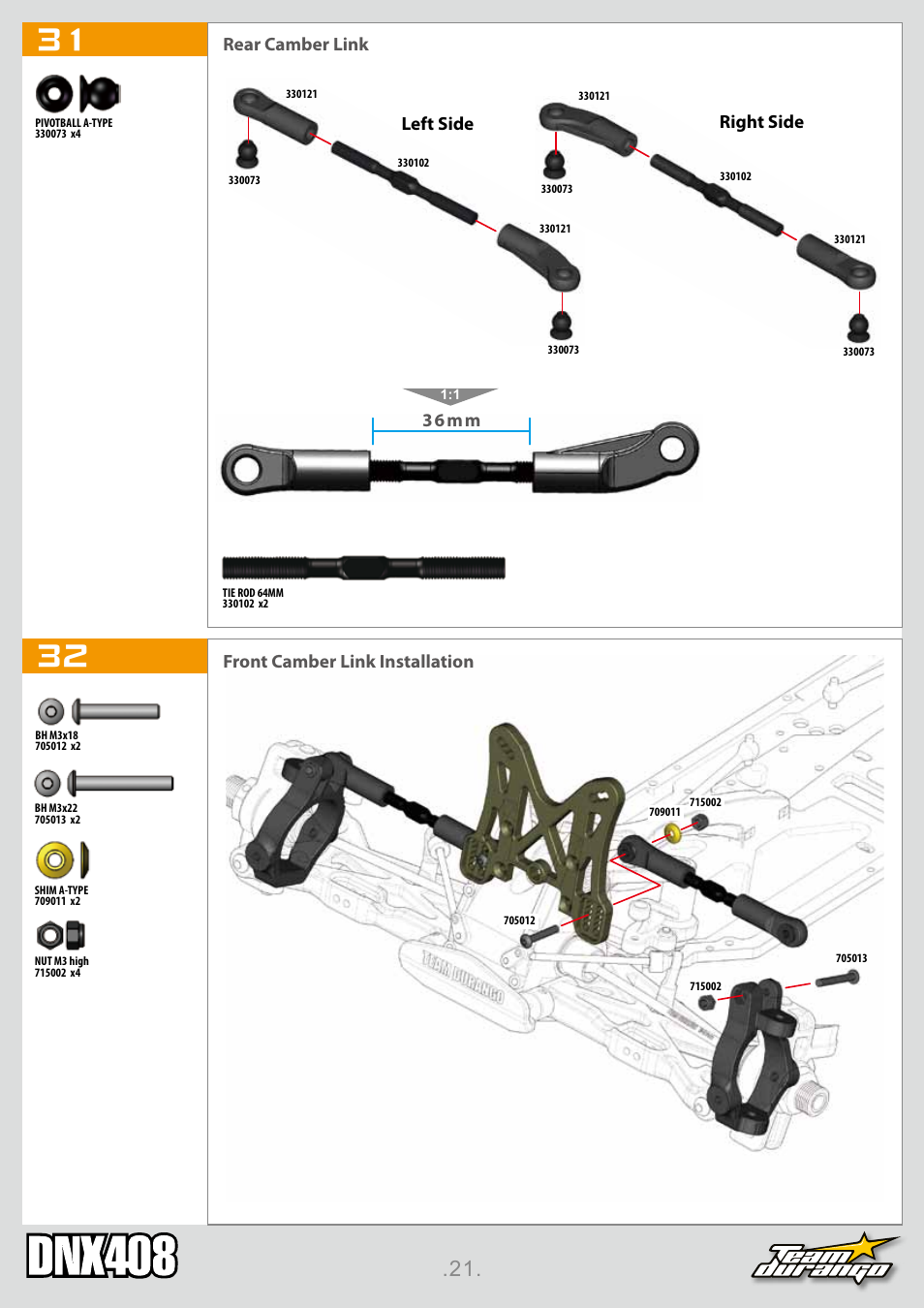 Left side right side, 36mm, Rear camber link front camber link installation | Team Durango DNX408 User Manual | Page 21 / 44