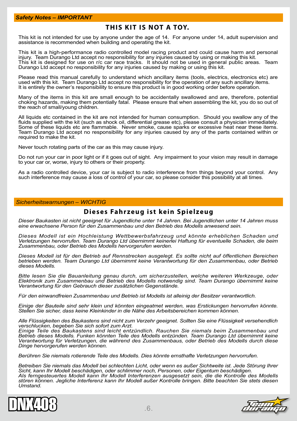 Dieses fahrzeug ist kein spielzeug, This kit is not a toy | Team Durango DNX408 User Manual | Page 6 / 44