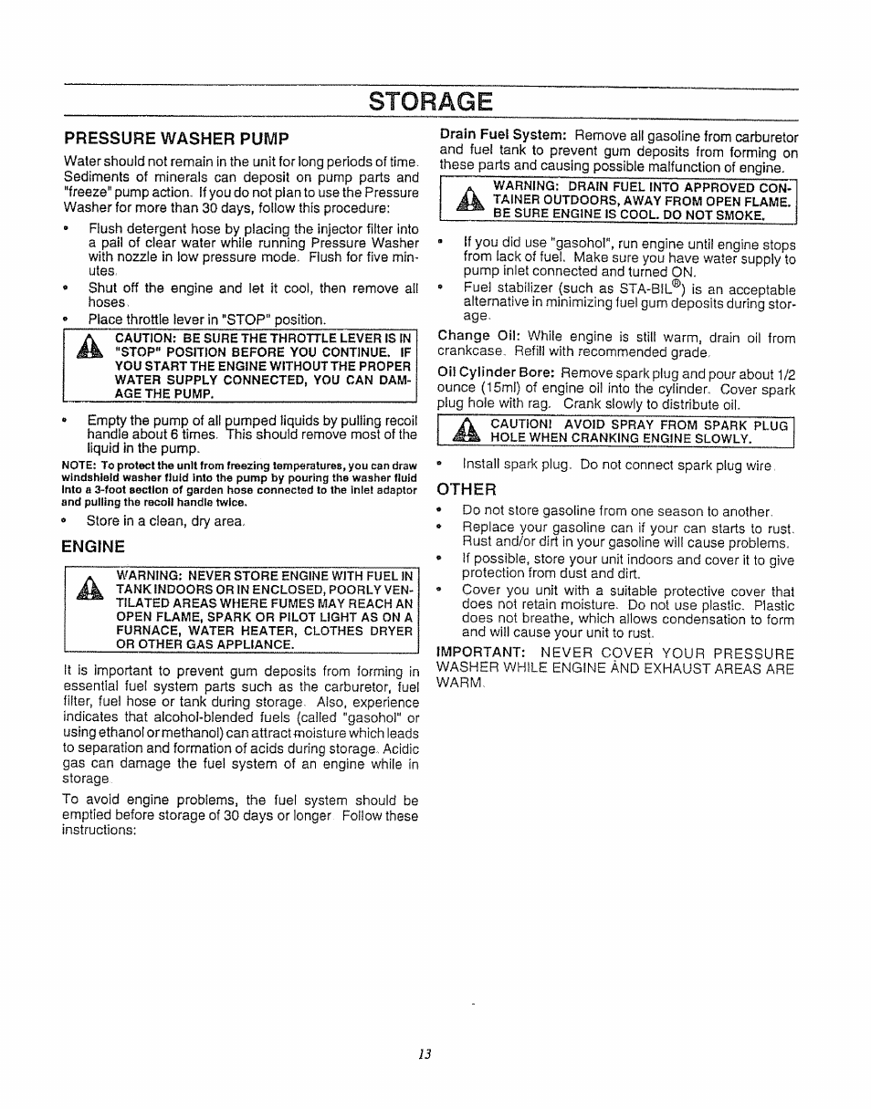 Storage, Pressure washer pump, Engine | Other | Craftsman 580.747100 User Manual | Page 13 / 40