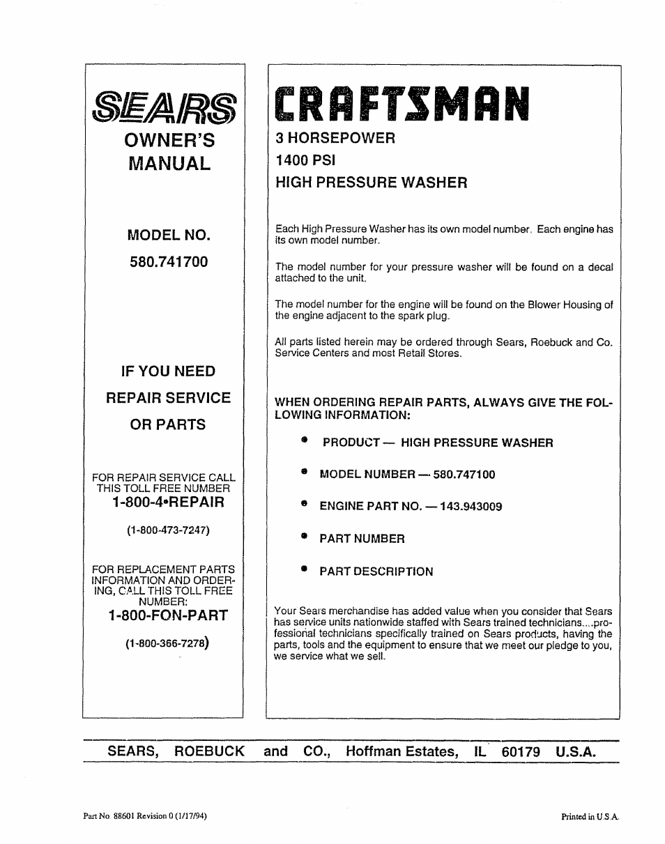 Crflftsmrn, Owner’s, Manual | Craftsman 580.747100 User Manual | Page 20 / 40