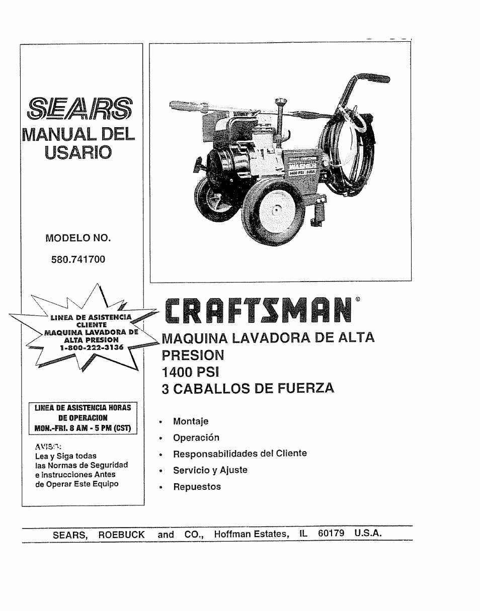 Crrftsmrn, Maquina lavadora de alta, Presion | 1400 psi, 3 caballos de fuerza, Manual del usario | Craftsman 580.747100 User Manual | Page 21 / 40