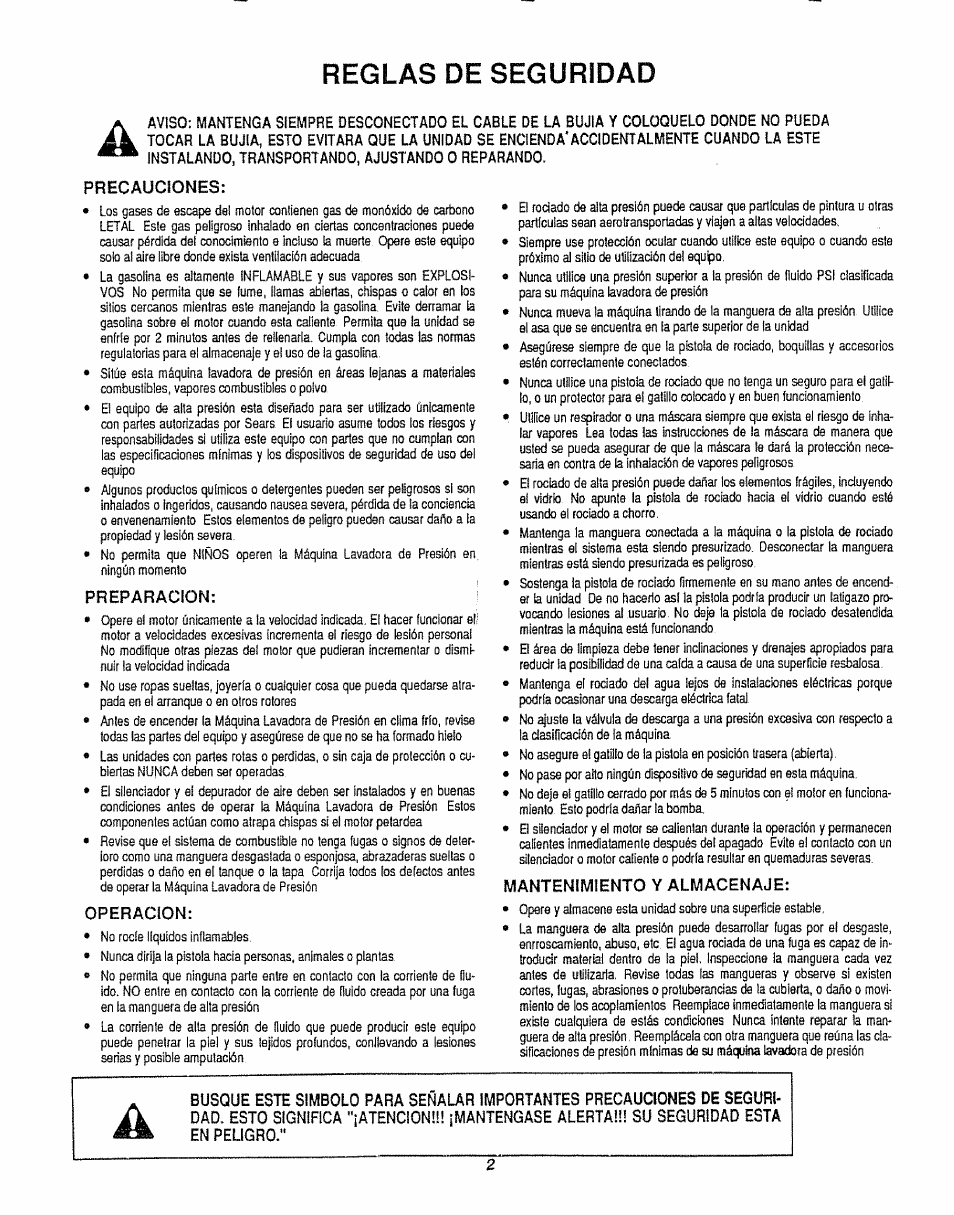 Reglas de seguridad, Precauciones, Preparacion | Operacion, Mantenimiento y almacenaje | Craftsman 580.747100 User Manual | Page 22 / 40