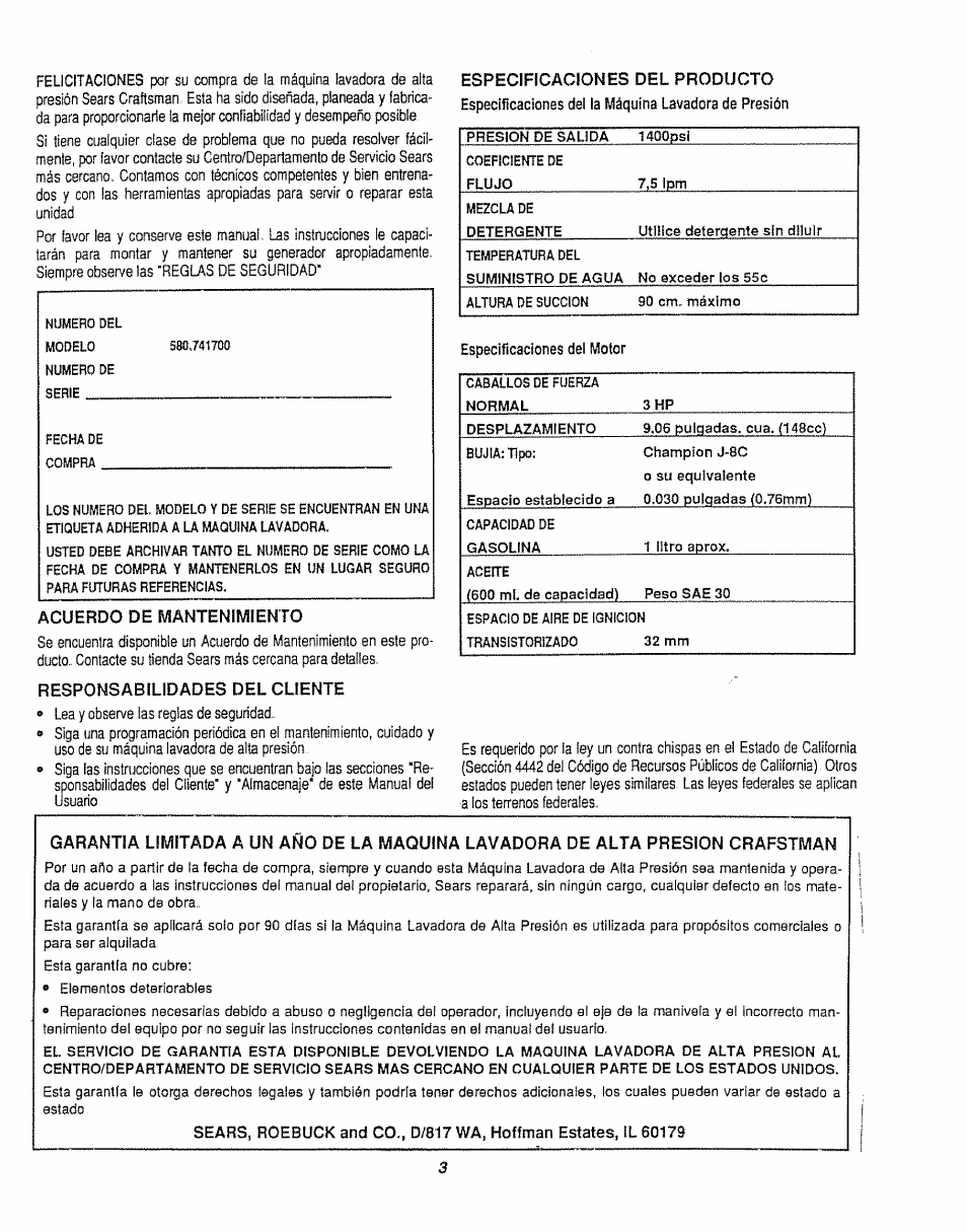 Acuerdo de mantenimiento, Responsabilidades del cuente, Especificaciones del producto | Craftsman 580.747100 User Manual | Page 23 / 40