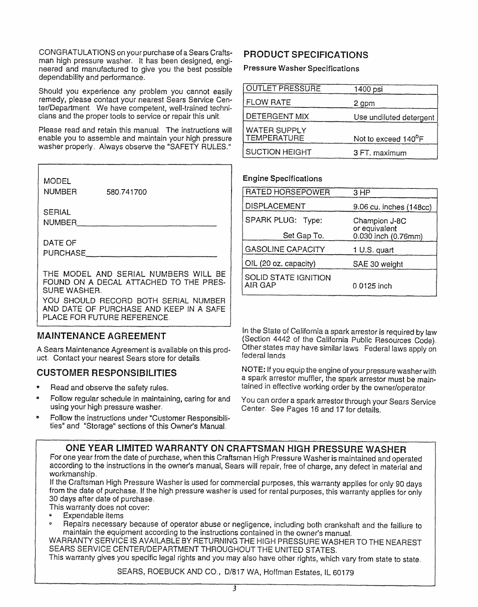 Maintenance agreement, Customer responsibilities, Product specifications | Craftsman 580.747100 User Manual | Page 3 / 40