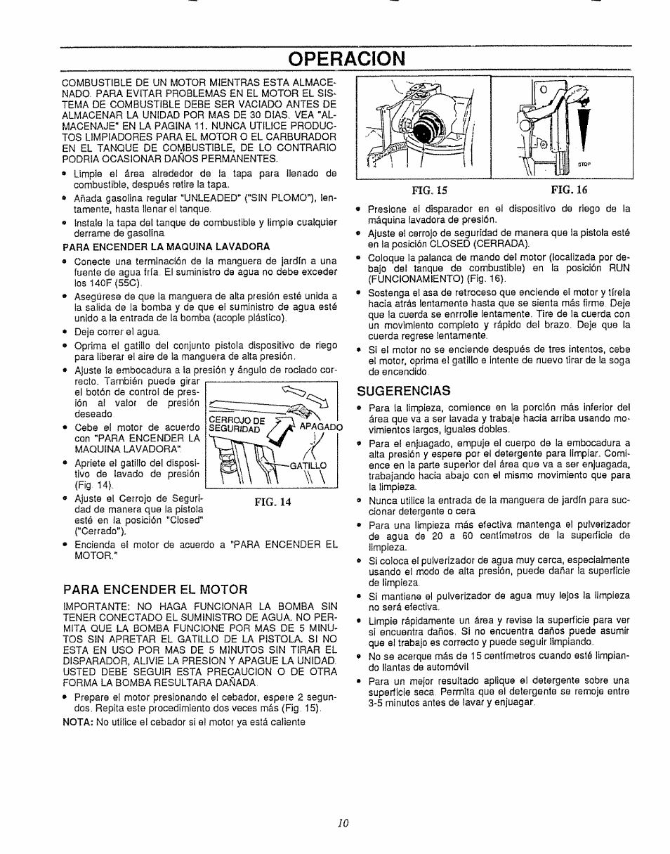Para encender el motor, Sugerencias, Operacion | Craftsman 580.747100 User Manual | Page 30 / 40