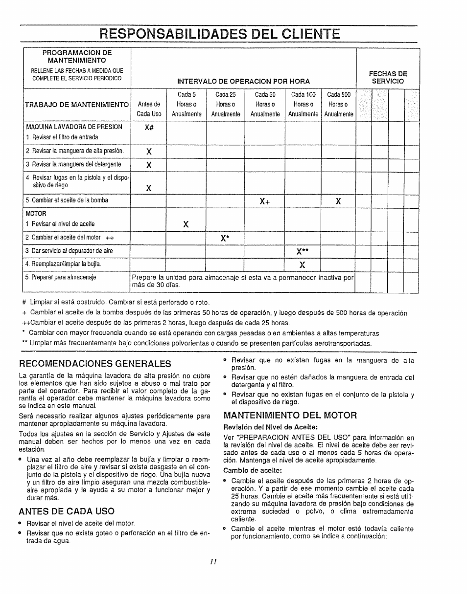 Responsabilidades del cliente, Recomendaciones generales, Antes de cada uso | Mantenimiento del motor | Craftsman 580.747100 User Manual | Page 31 / 40