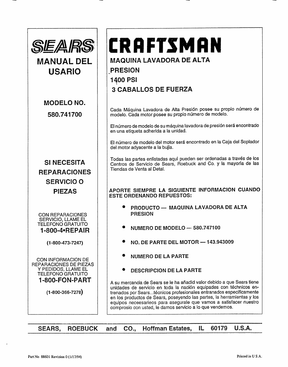 Beñm, Crflftsmfln, Manual del | Usario | Craftsman 580.747100 User Manual | Page 40 / 40