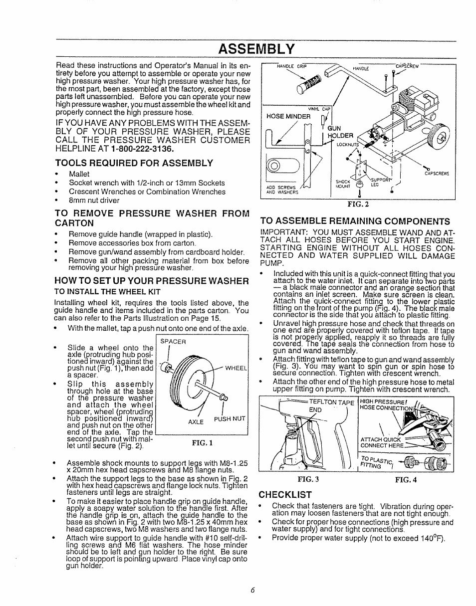 Tools required for assembly, To remove pressure washer from carton, How to set up your pressure washer | To assemble remaining components, Checklist | Craftsman 580.747100 User Manual | Page 6 / 40