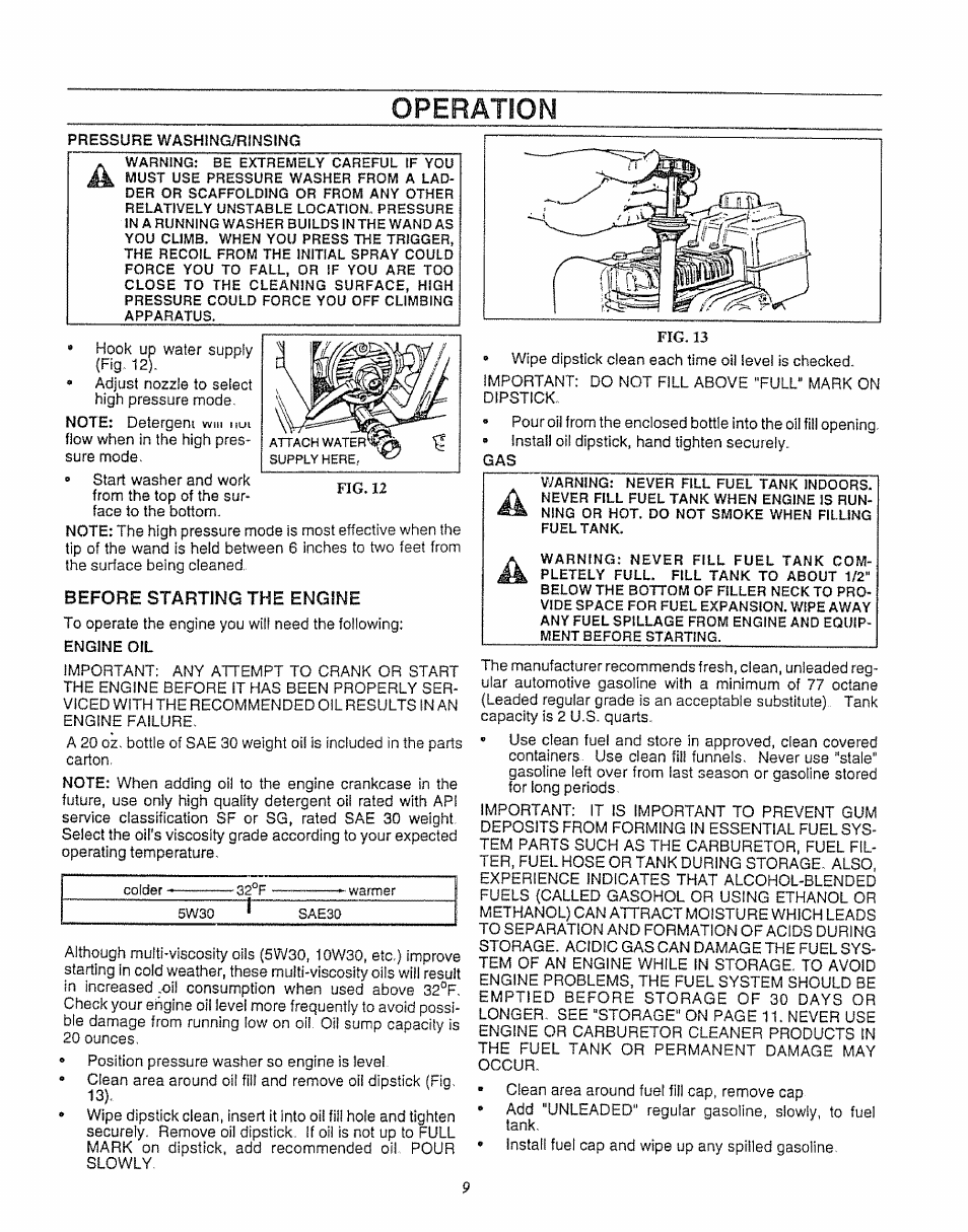 Before starting the engine, Operation | Craftsman 580.747100 User Manual | Page 9 / 40