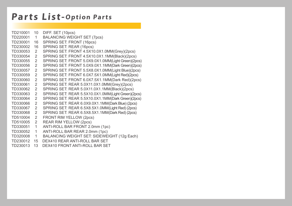 Parts list, Option parts | Team Durango DEX410R User Manual | Page 74 / 76