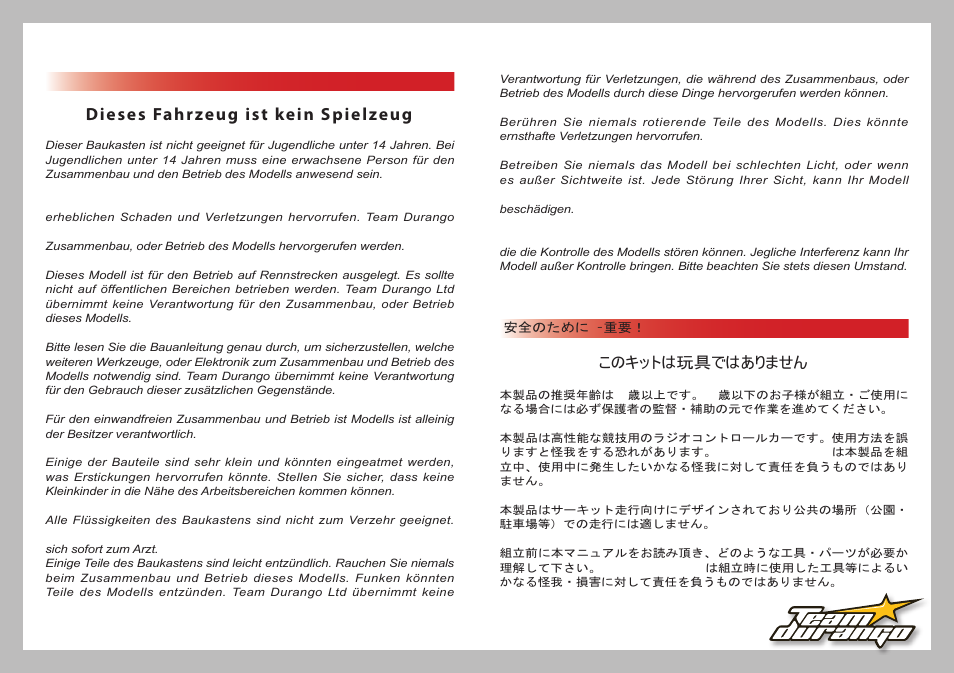 Dieses fahrzeug ist kein spielzeug | Team Durango DEX410R User Manual | Page 8 / 76