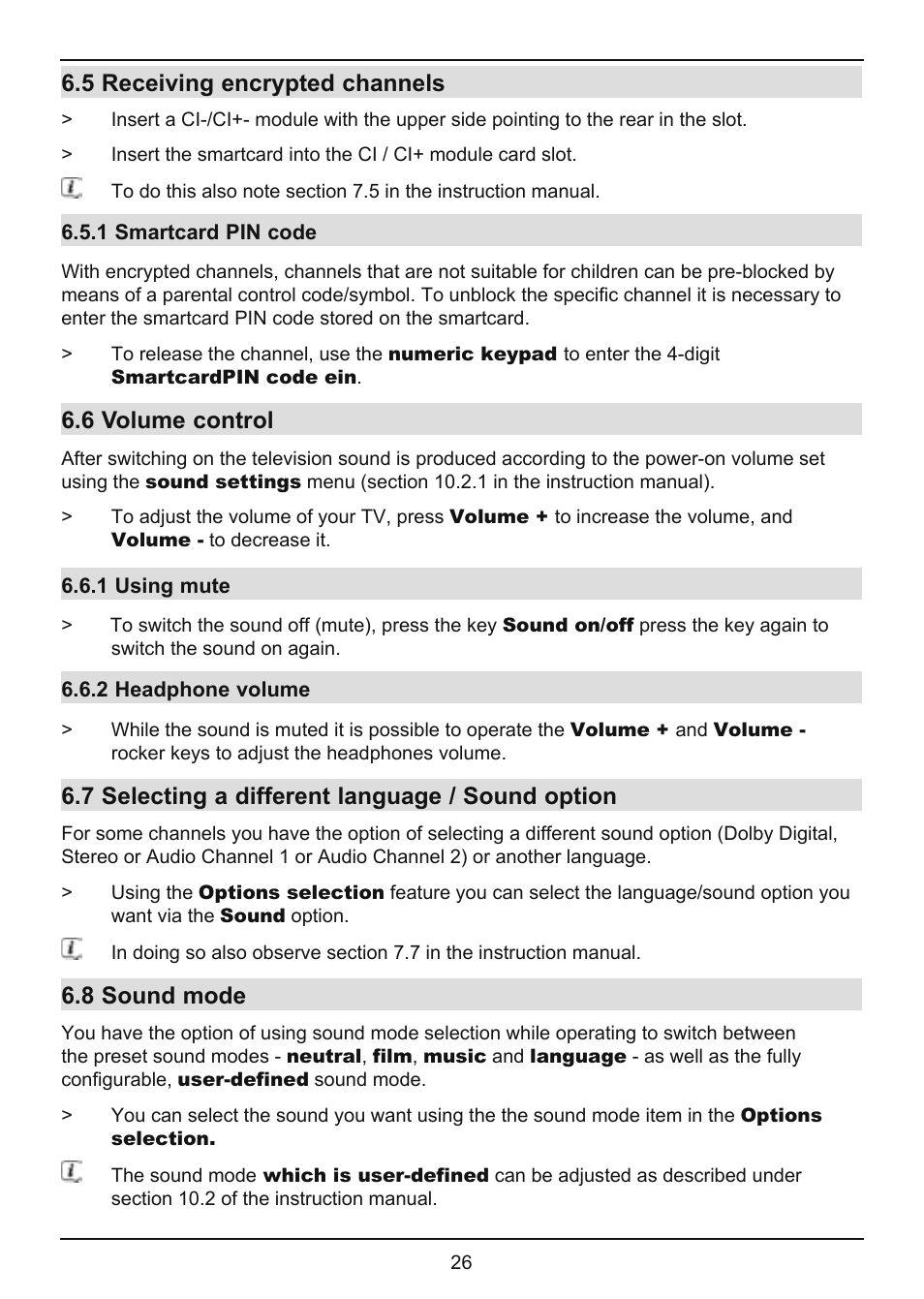 5 receiving encrypted channels, 6 volume control, 7 selecting a different language / sound option | 8 sound mode | TechniSat TechniVision ISIO 55 User Manual | Page 26 / 44