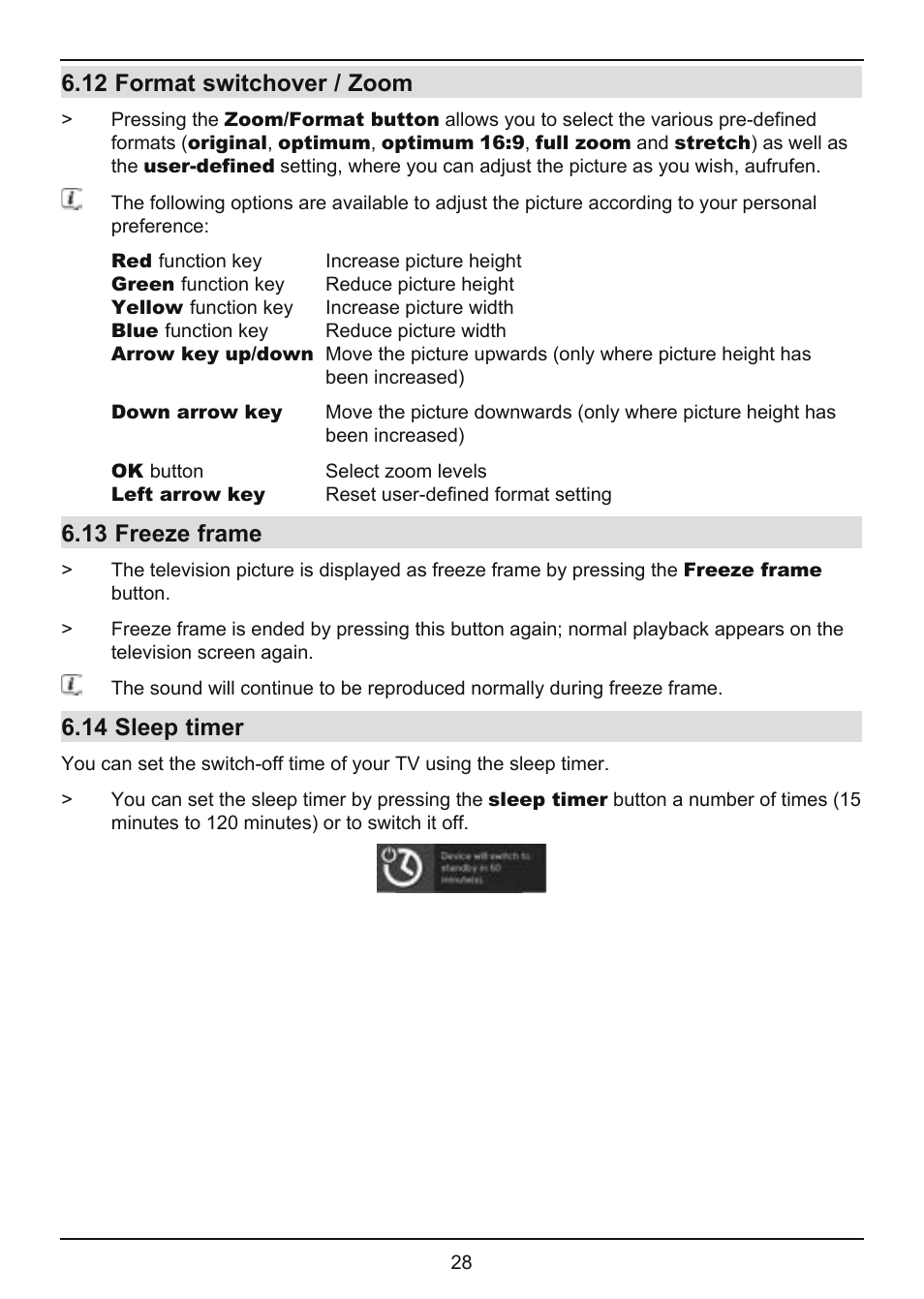 12 format switchover / zoom, 13 freeze frame, 14 sleep timer | TechniSat TechniVision ISIO 55 User Manual | Page 28 / 44