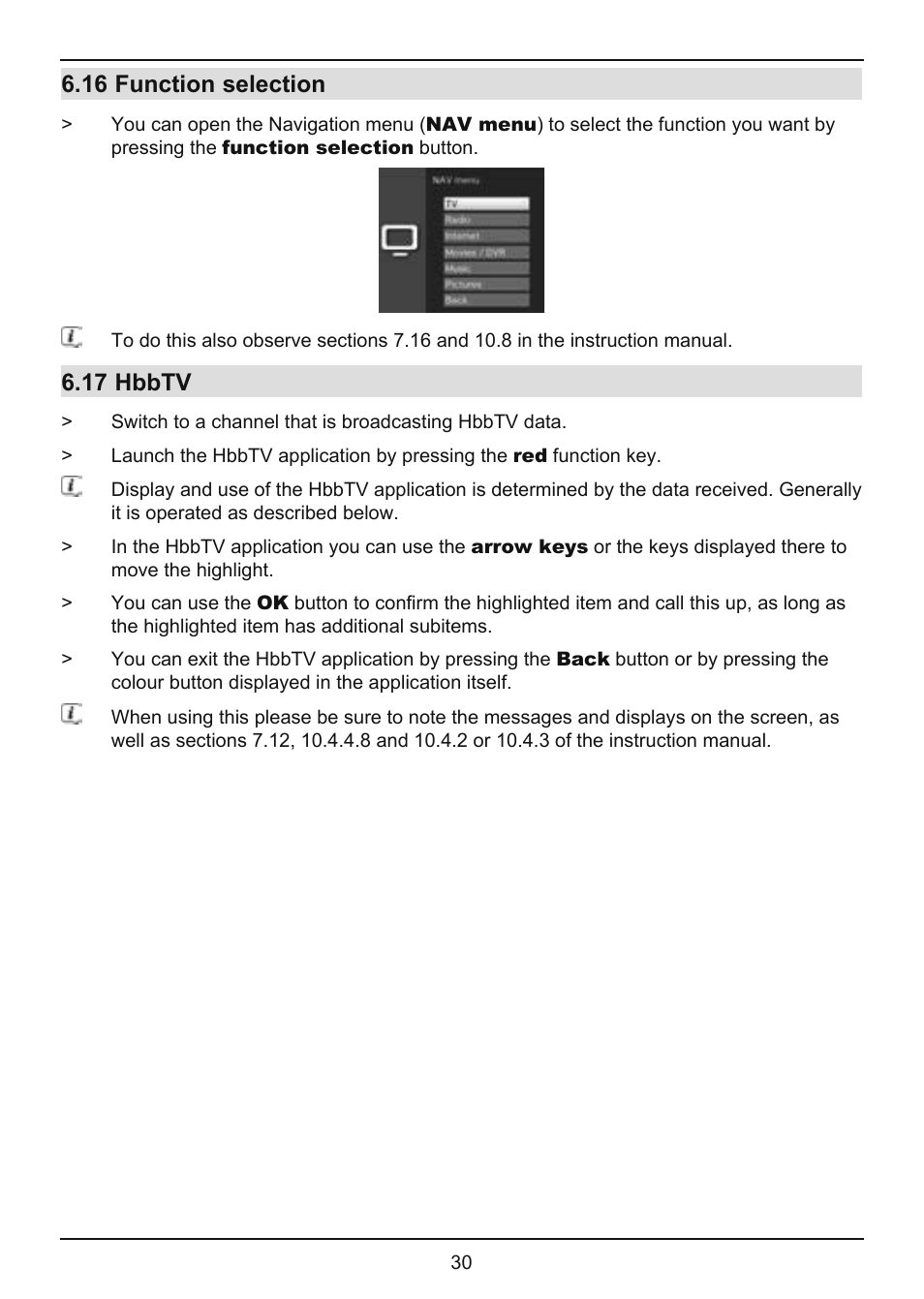16 function selection, 17 hbbtv | TechniSat TechniVision ISIO 55 User Manual | Page 30 / 44