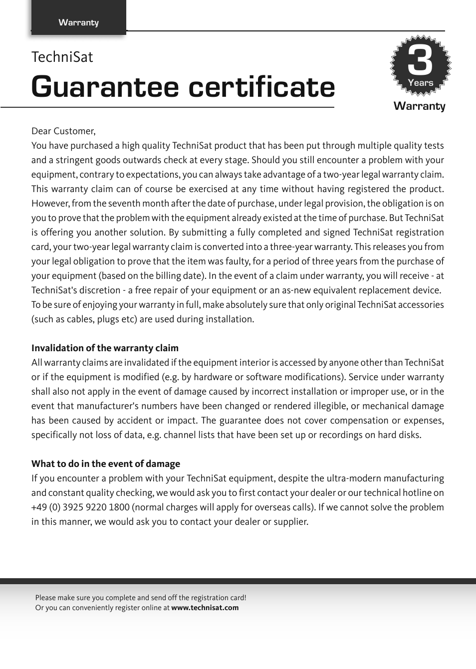 Guarantee certificate | TechniSat TechniVision ISIO 55 User Manual | Page 42 / 44