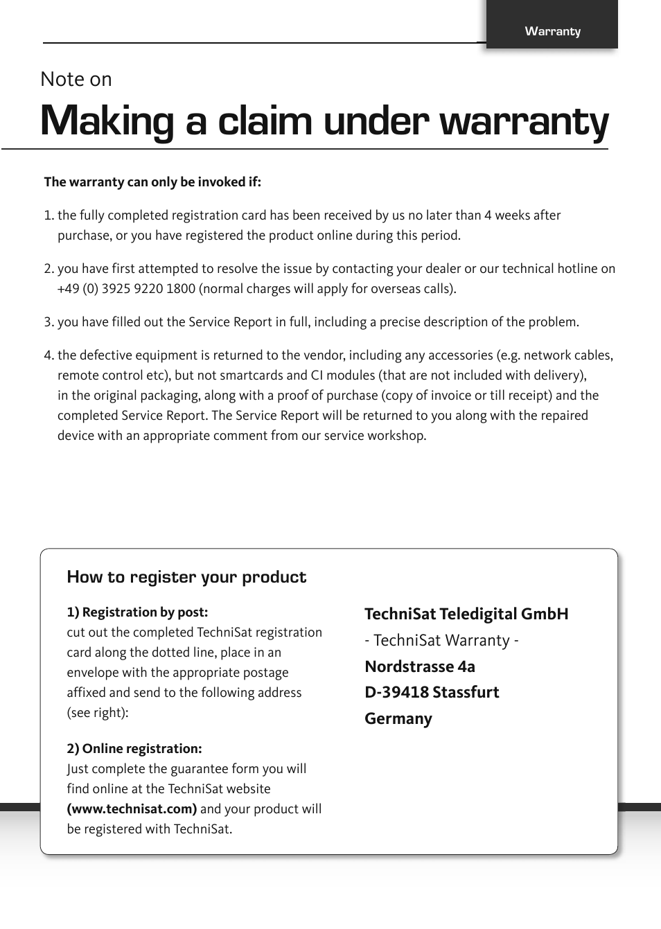 Making a claim under warranty | TechniSat TechniVision ISIO 55 User Manual | Page 43 / 44