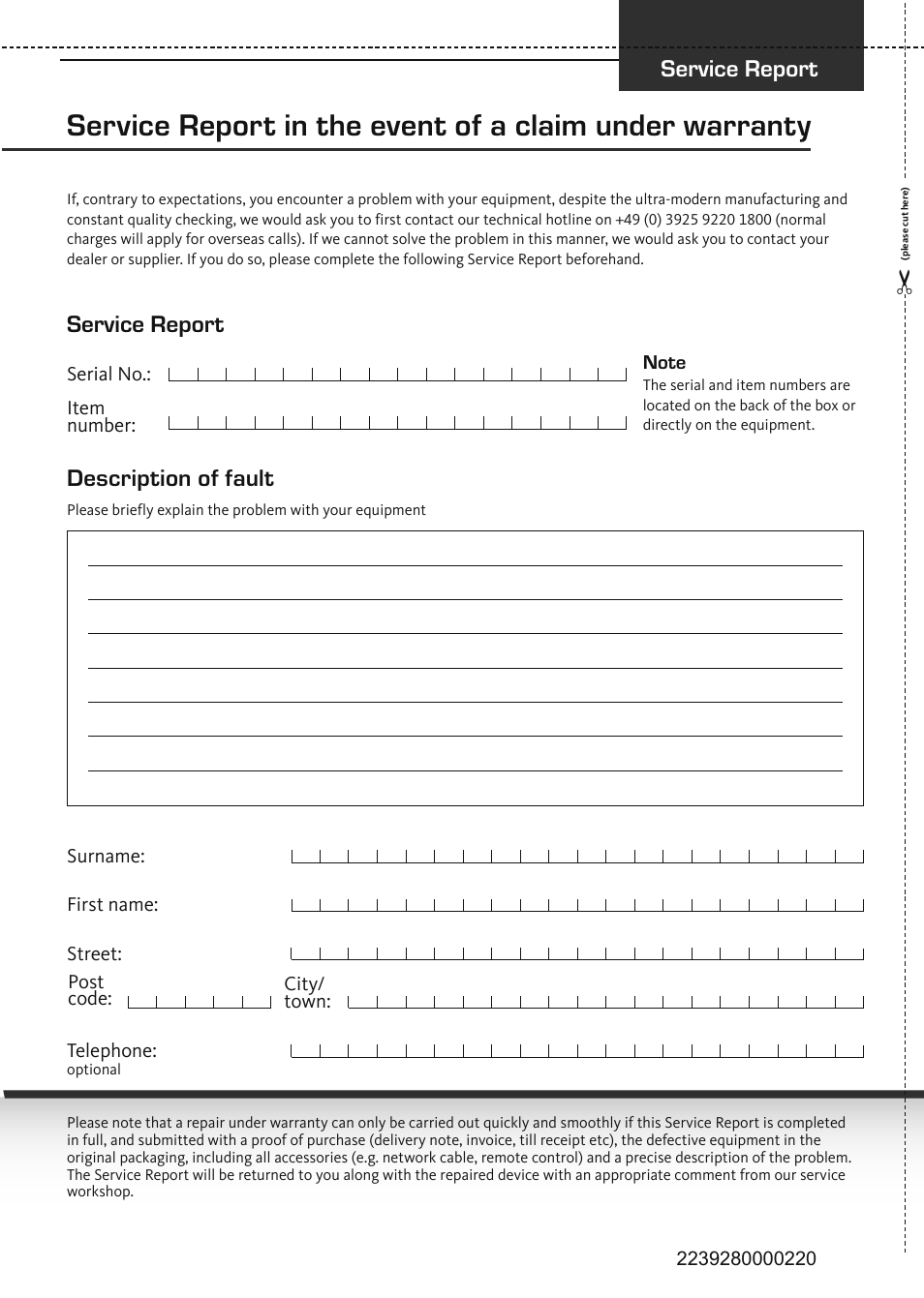 Service report, Service report description of fault | TechniSat TechniVision ISIO 55 User Manual | Page 44 / 44