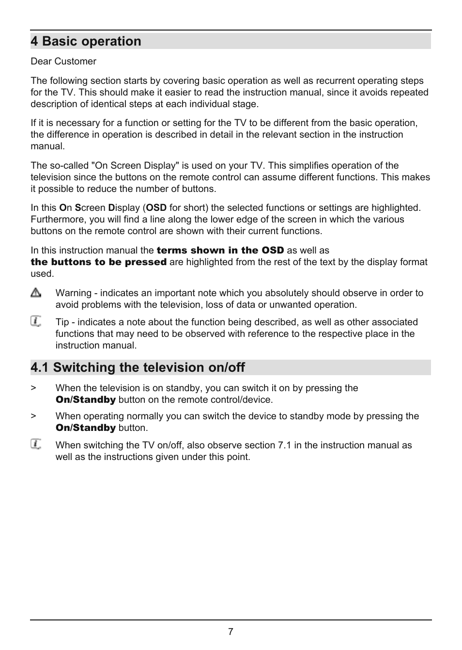 4 basic operation, 1 switching the television on/off | TechniSat TechniVision ISIO 55 User Manual | Page 7 / 44