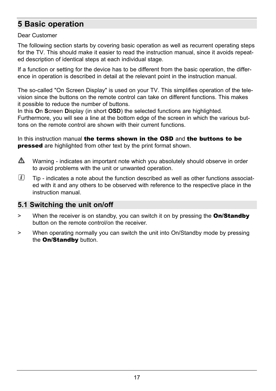 5 basic operation, 1 switching the unit on/off | TechniSat TechniCorder ISIO STC User Manual | Page 17 / 64