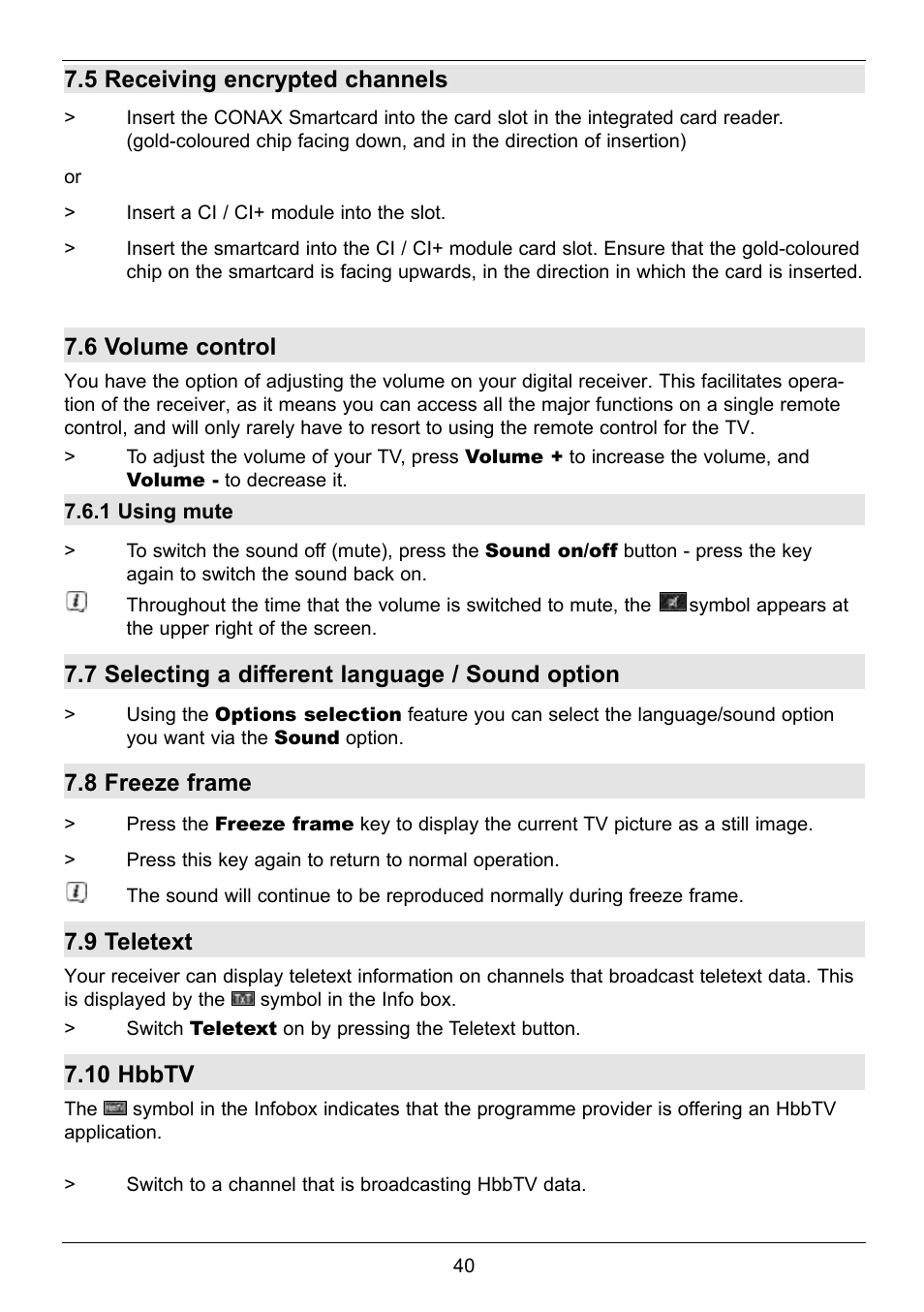 5 receiving encrypted channels, 6 volume control, 7 selecting a different language / sound option | 8 freeze frame, 9 teletext, 10 hbbtv | TechniSat TechniCorder ISIO STC User Manual | Page 40 / 64