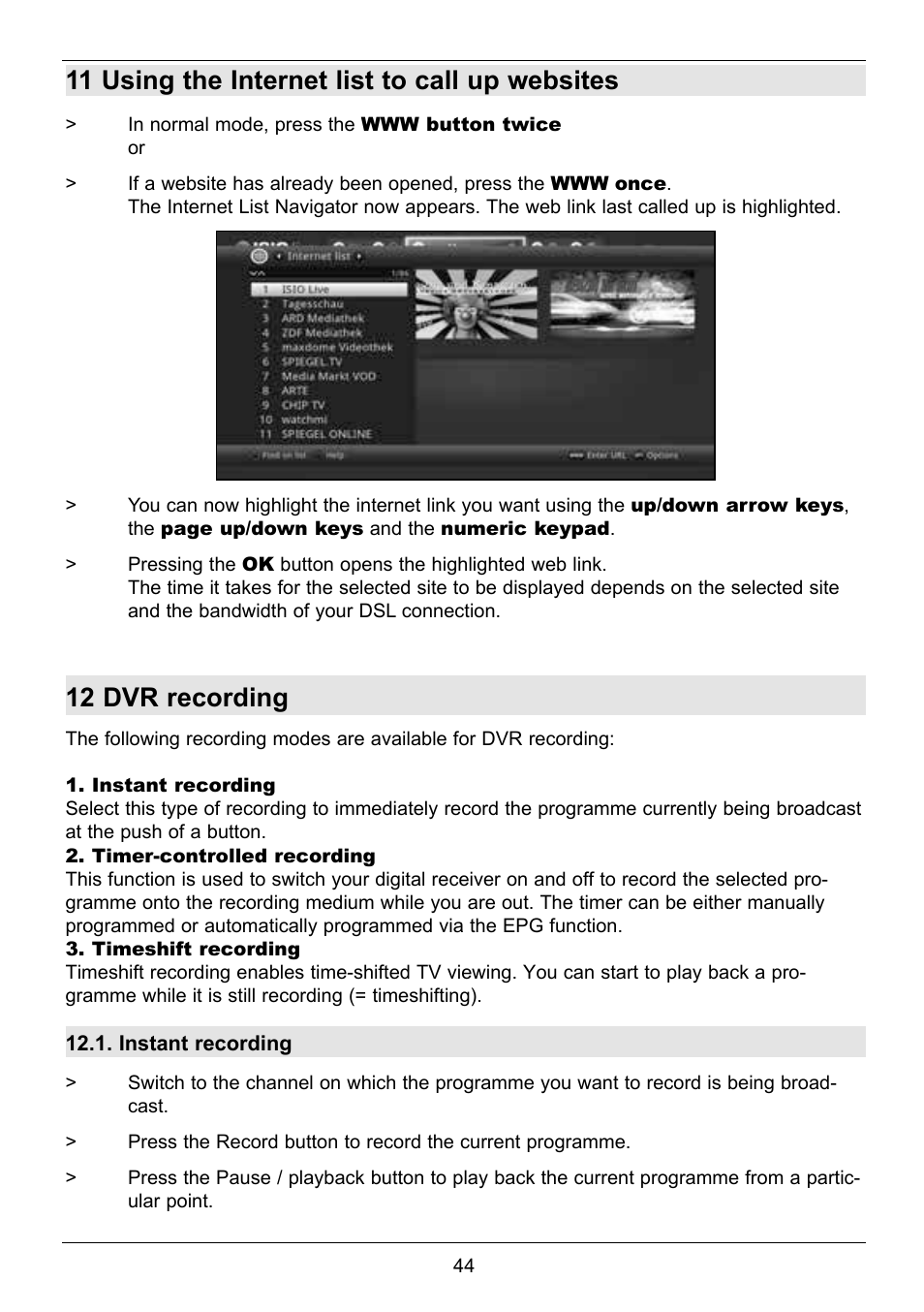11 using the internet list to call up websites, 12 dvr recording | TechniSat TechniCorder ISIO STC User Manual | Page 44 / 64