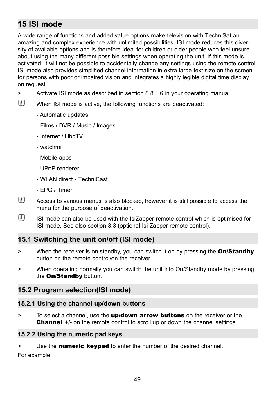 15 isi mode, 1 switching the unit on/off (isi mode), 2 program selection(isi mode) | TechniSat TechniCorder ISIO STC User Manual | Page 49 / 64